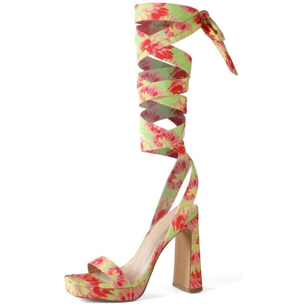 DREAM‎ PAIRS Women Heel Pump Sandals Leg Wrap Up Yellow Green Pink Tie-dye 8.5